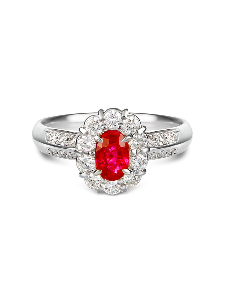 Natural Burmese Ruby & Diamond Halo Ring