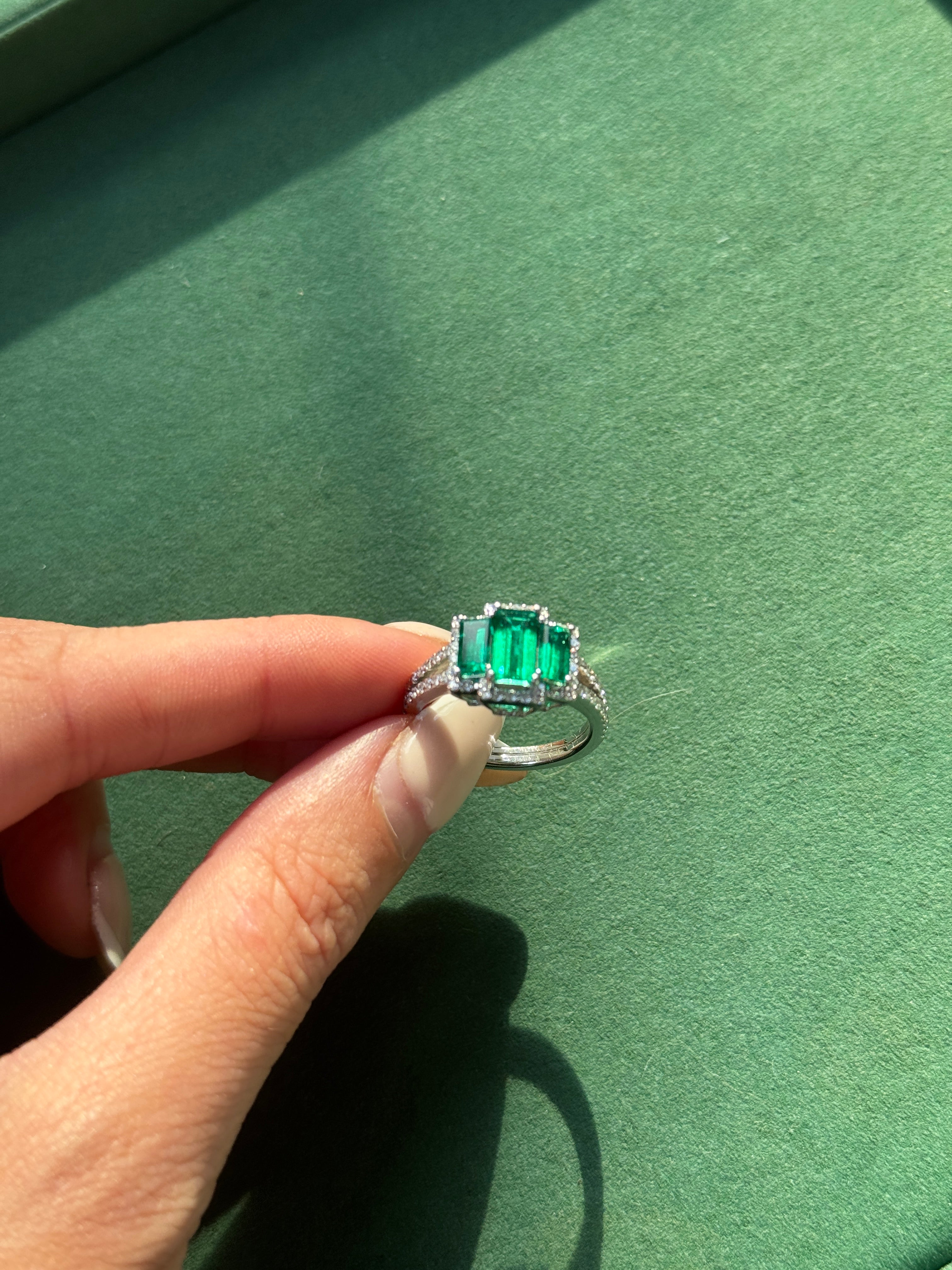 3 Stone Natural Emerald & Diamond Ring
