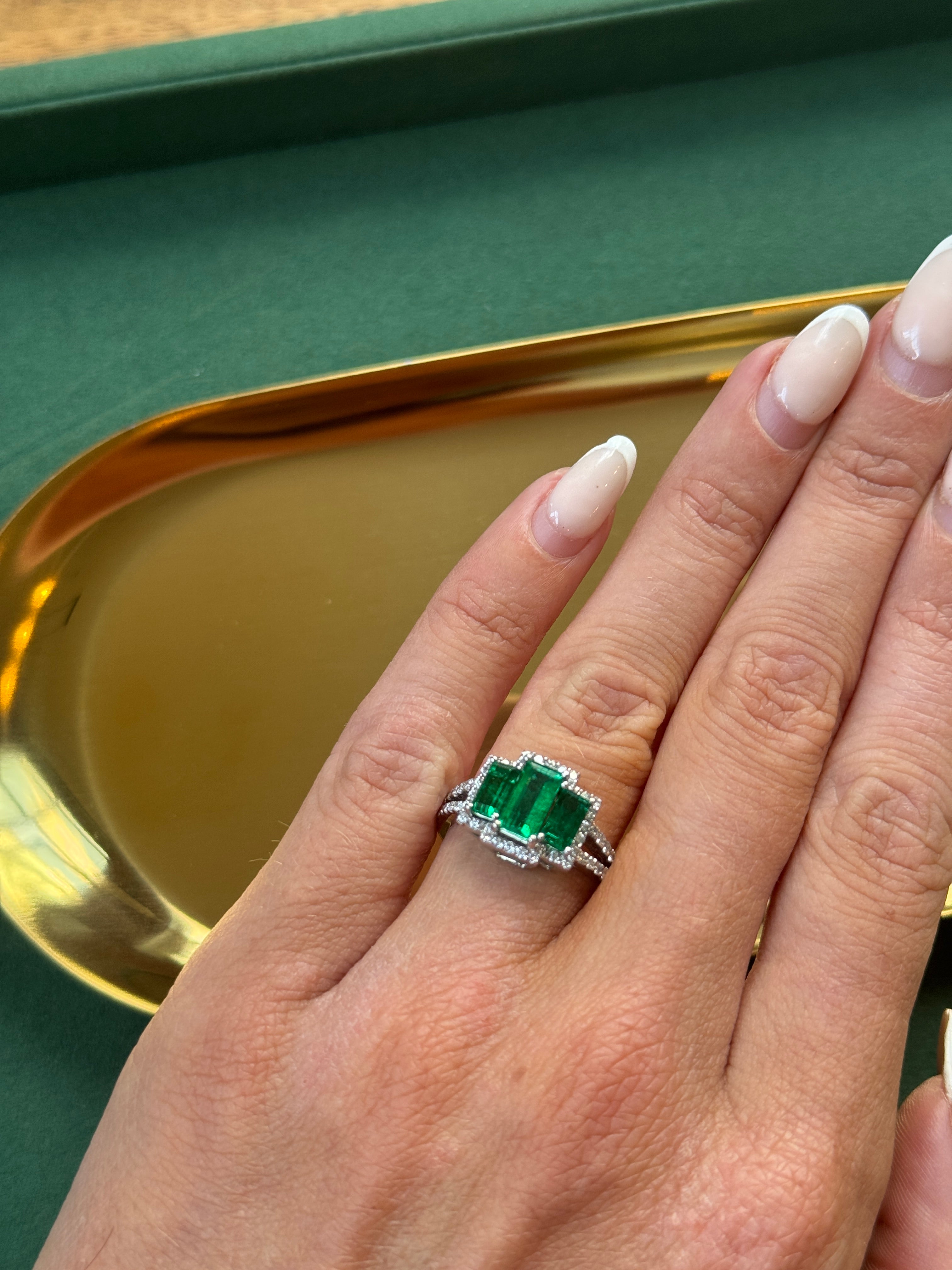3 Stone Natural Emerald & Diamond Ring