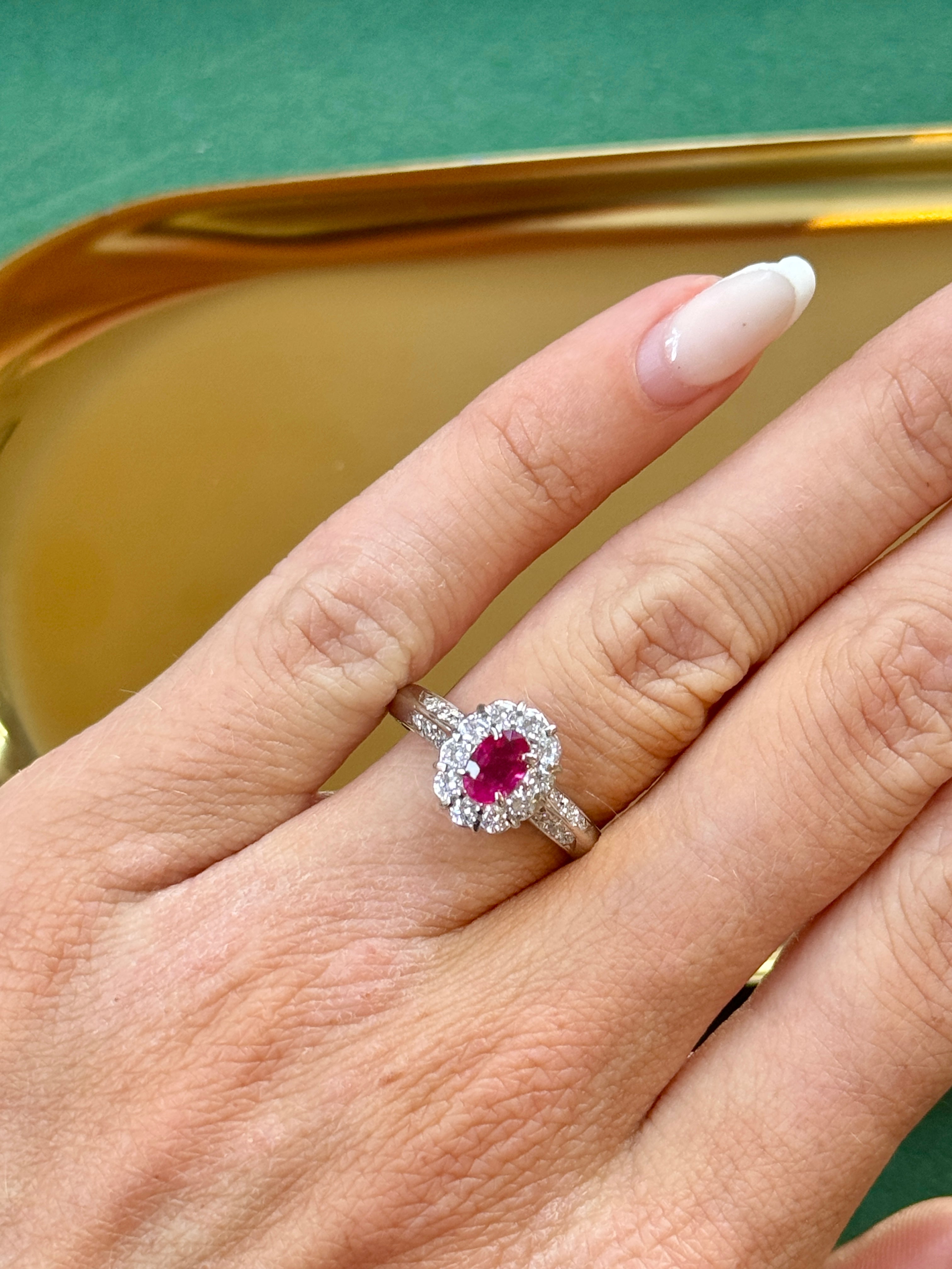 Natural Burmese Ruby & Diamond Halo Ring