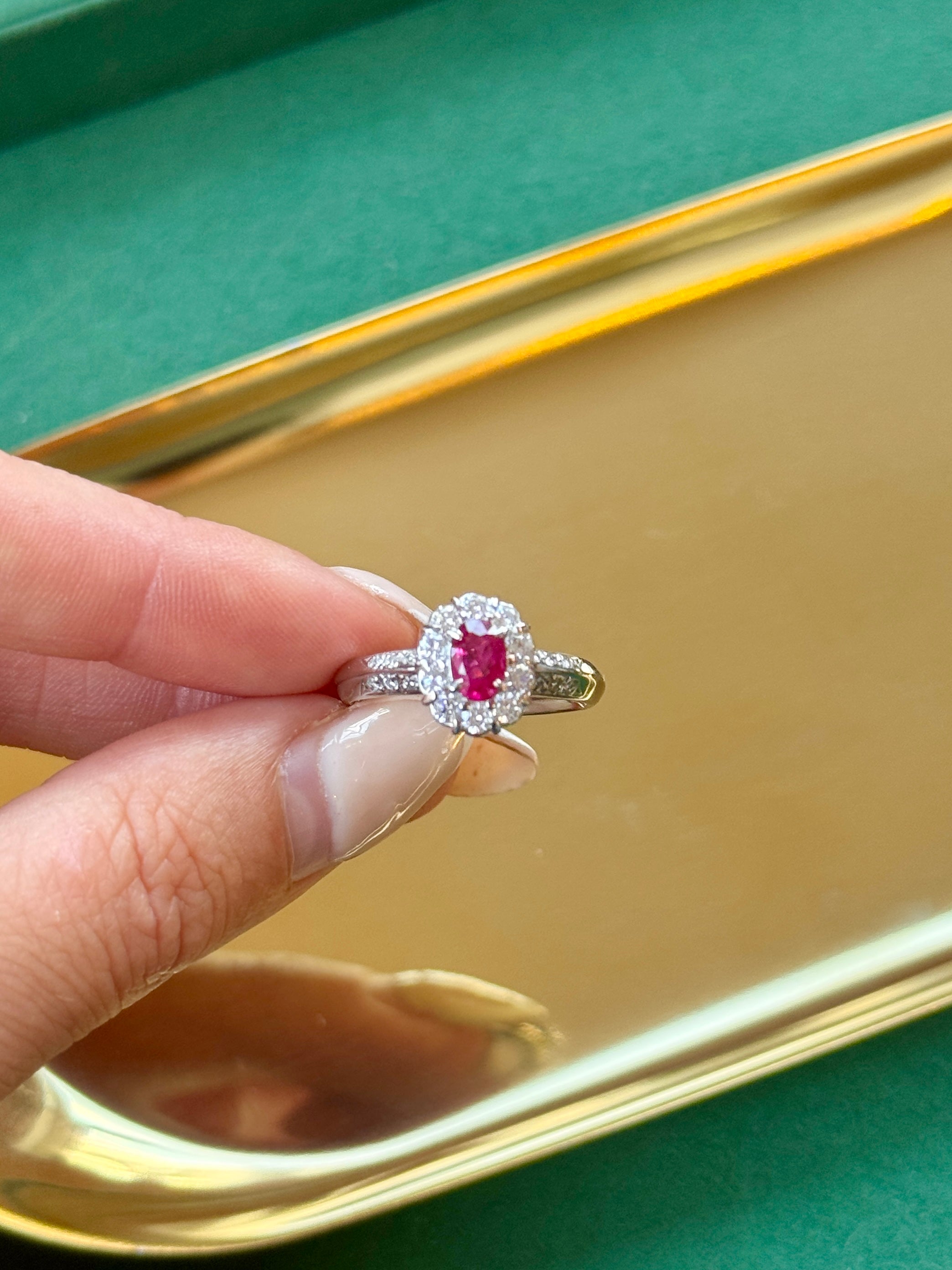 Natural Burmese Ruby & Diamond Halo Ring