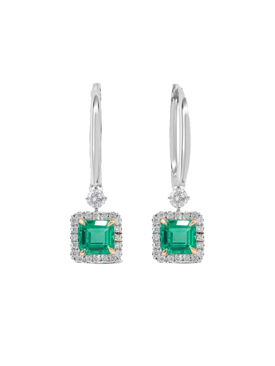 Emerald & Diamond Halo Drop Earrings