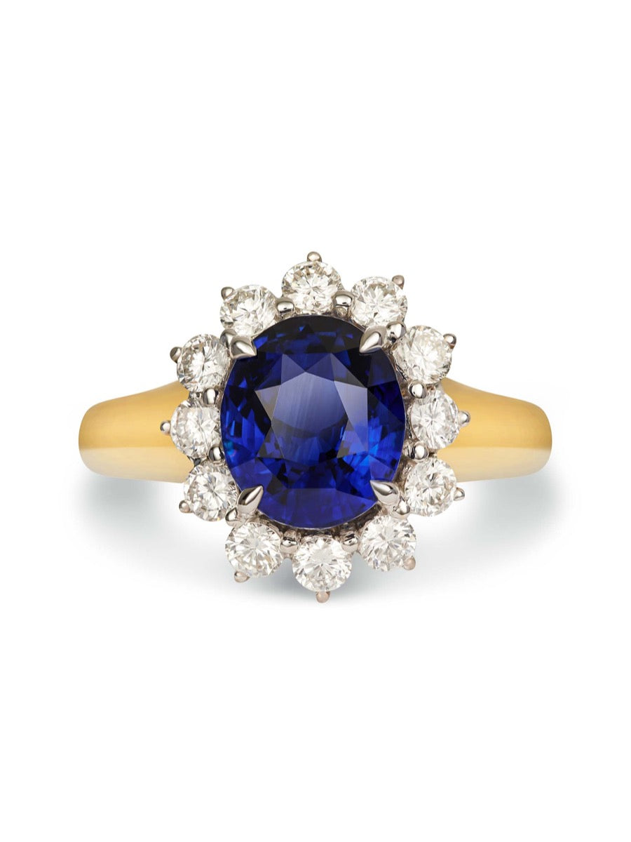 White Gold Diamond Floral Ring, Blue Sapphire Bridal Ring